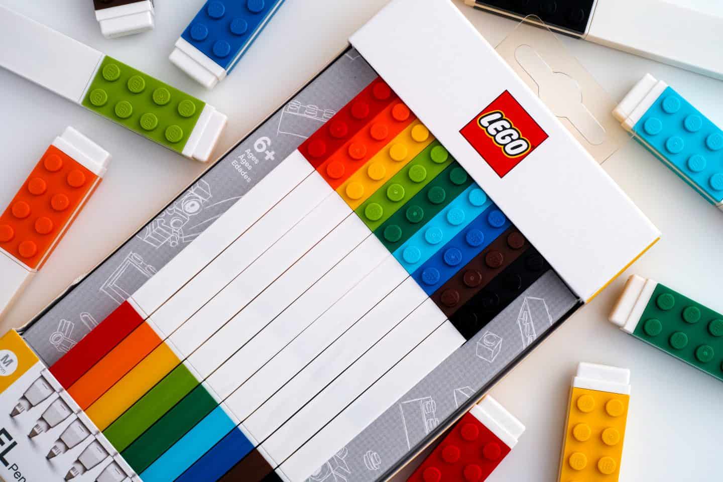 Lego box with colour Gel Pens.