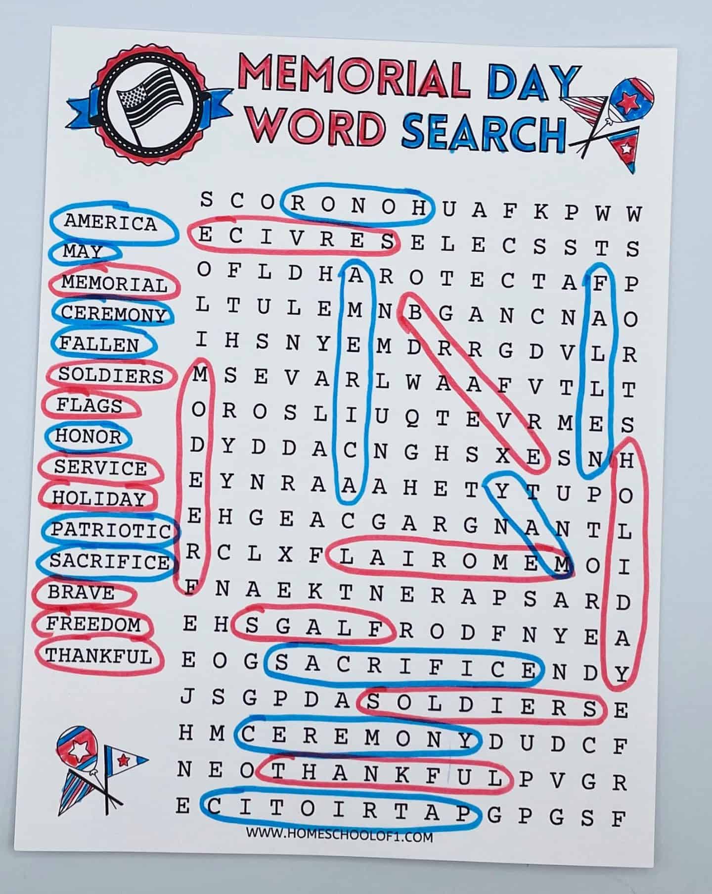 memorial day word search