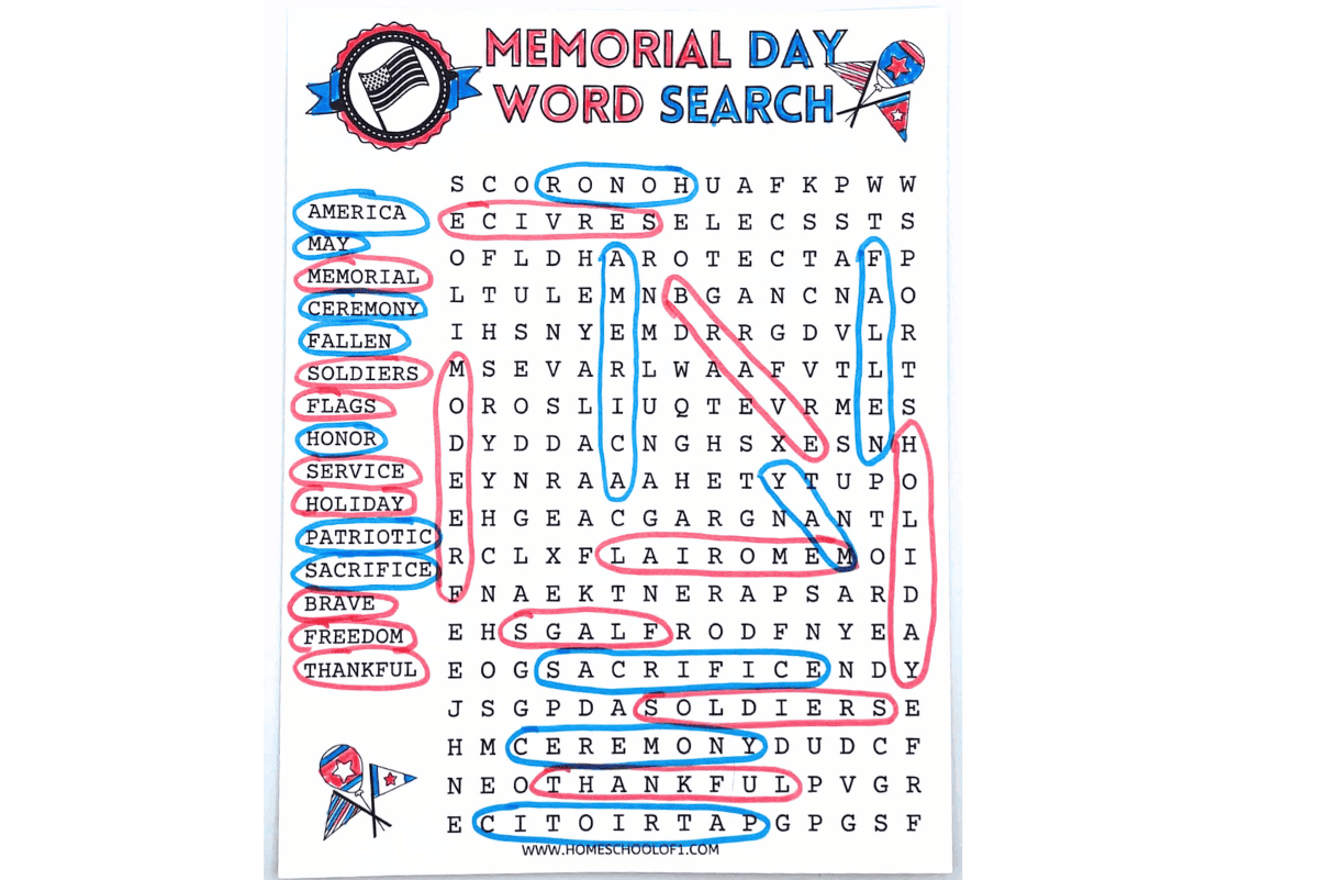 Free Memorial Day Word Search For Kids