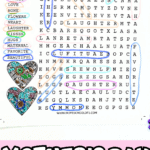 A free printable Mother's Day word search featuring floral heart illustrations and a pink banner that reads "Mother's Day Word Search Free Printable." The word list includes: Mother, Mommy, Son, Daughter, Family, Love, Home, Flowers, Heart, Laughter, Kisses, Hugs, Maternal, Favorite, and Beautiful. Highlighted words are found throughout the grid in colorful outlines.