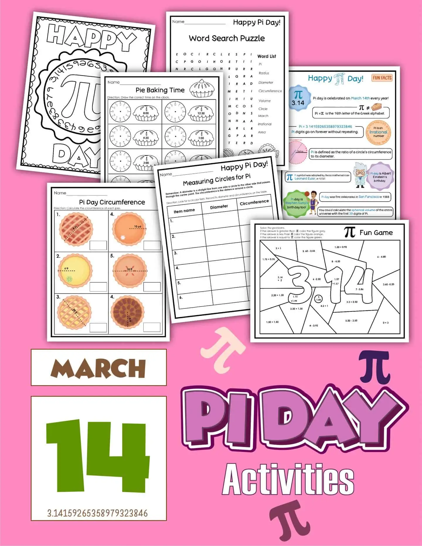 Pink background with the PI Day worksheets. With the words. Pi Day activities.
