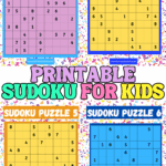 Printable Sudoku for kids featuring six colorful beginner-friendly Sudoku puzzles with easy-to-hard difficulty levels on bright number-themed backgrounds.