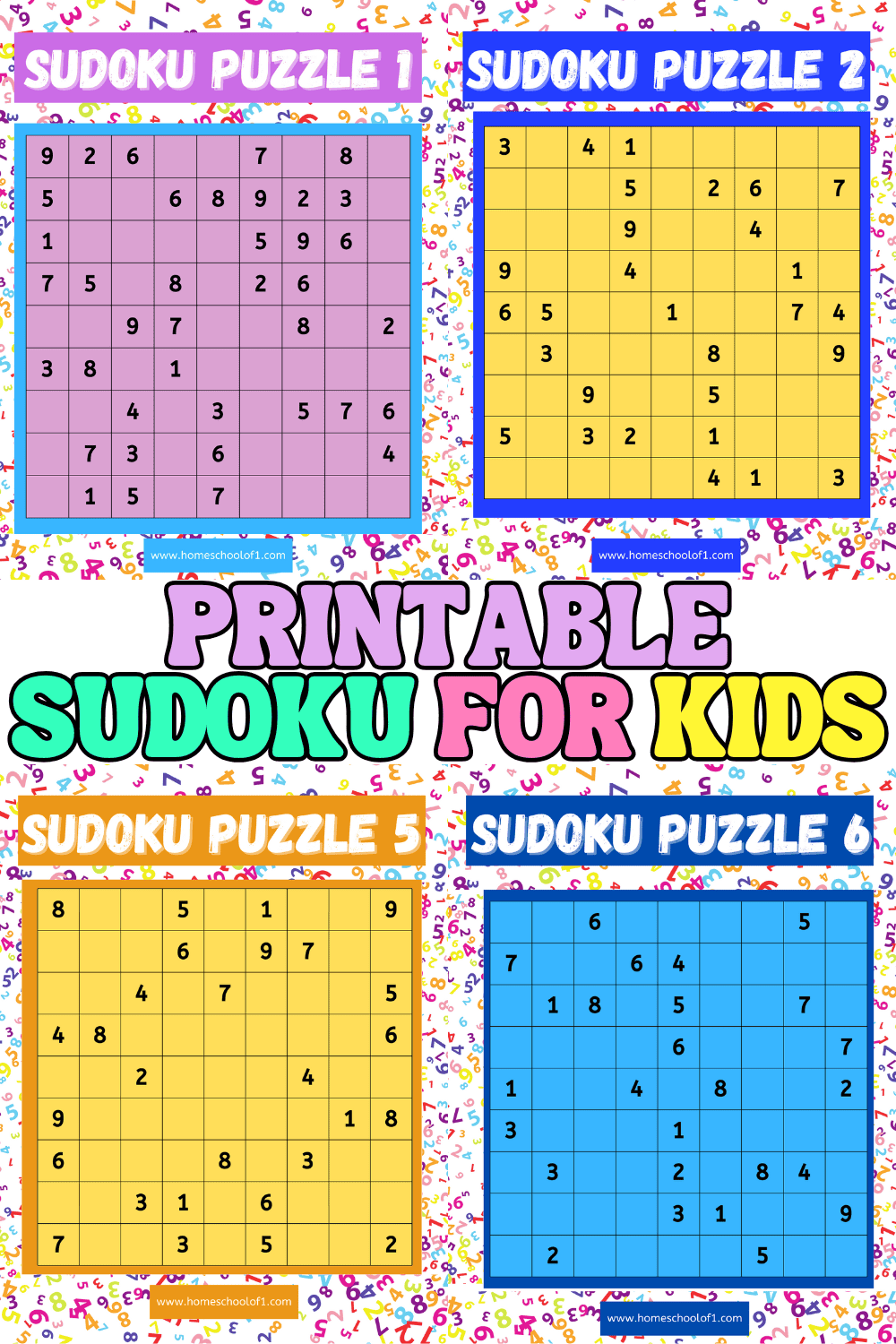 Six colorful, beginner-friendly Sudoku puzzles designed for kids, with difficulty levels that move from easy to more challenging.