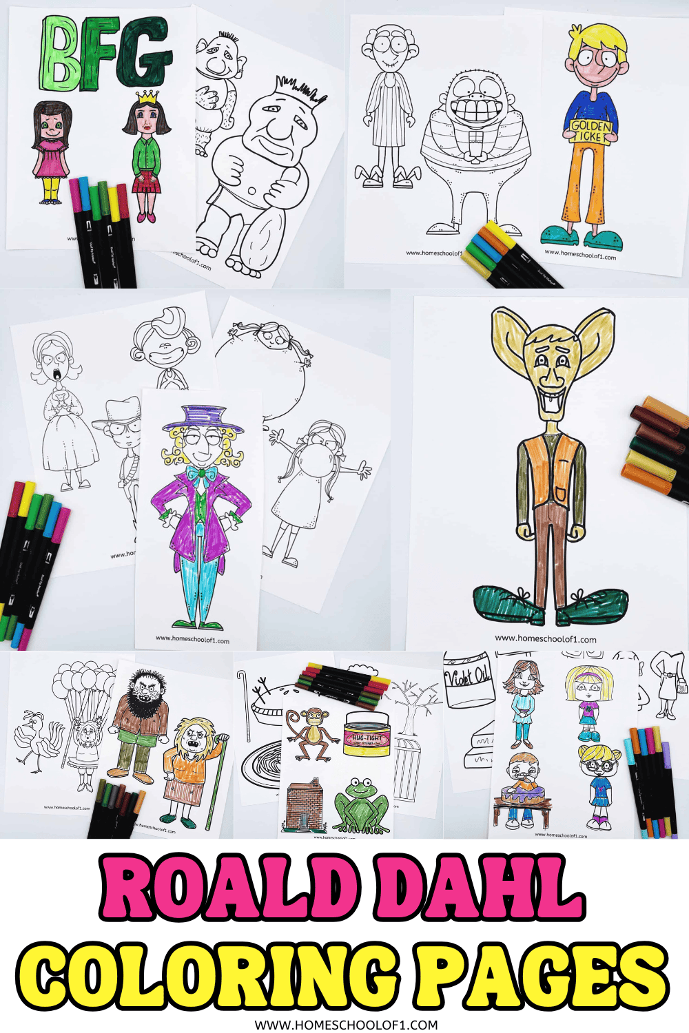 Free Roald Dahl coloring pages featuring Matilda, BFG, Willy Wonka, and more for kids to print and color.

