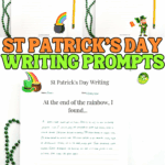 St Patrick’s Day writing prompts printable worksheets featuring leprechaun and rainbow themes with student writing example