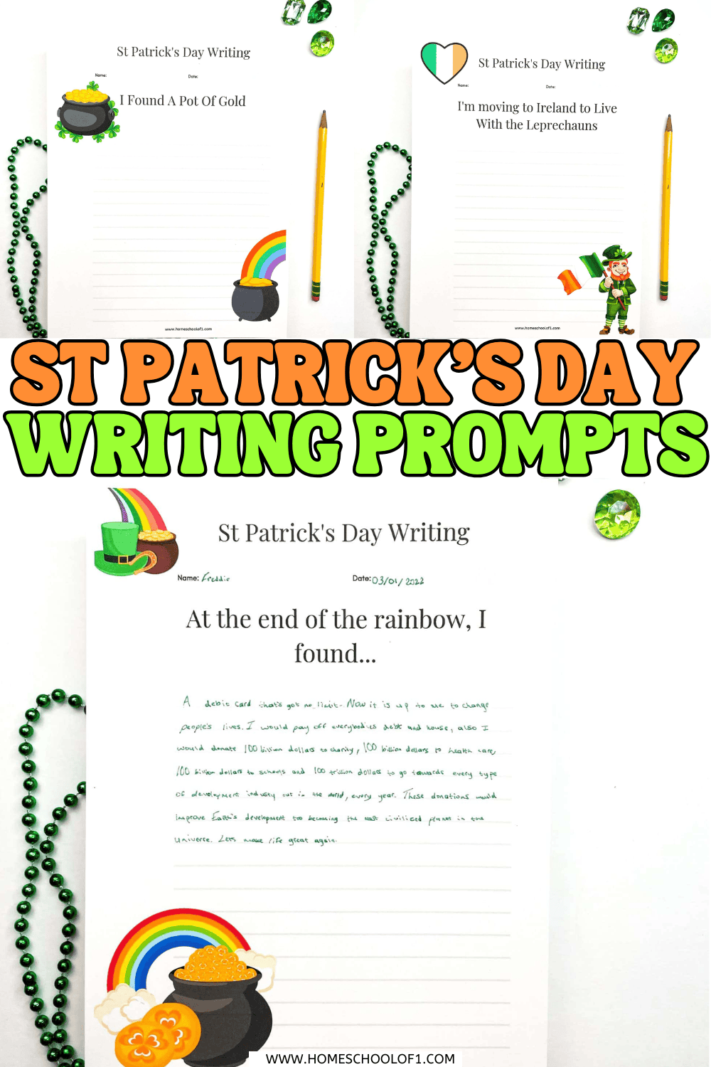 St Patrick’s Day writing prompts printable worksheets featuring leprechaun and rainbow themes with student writing example