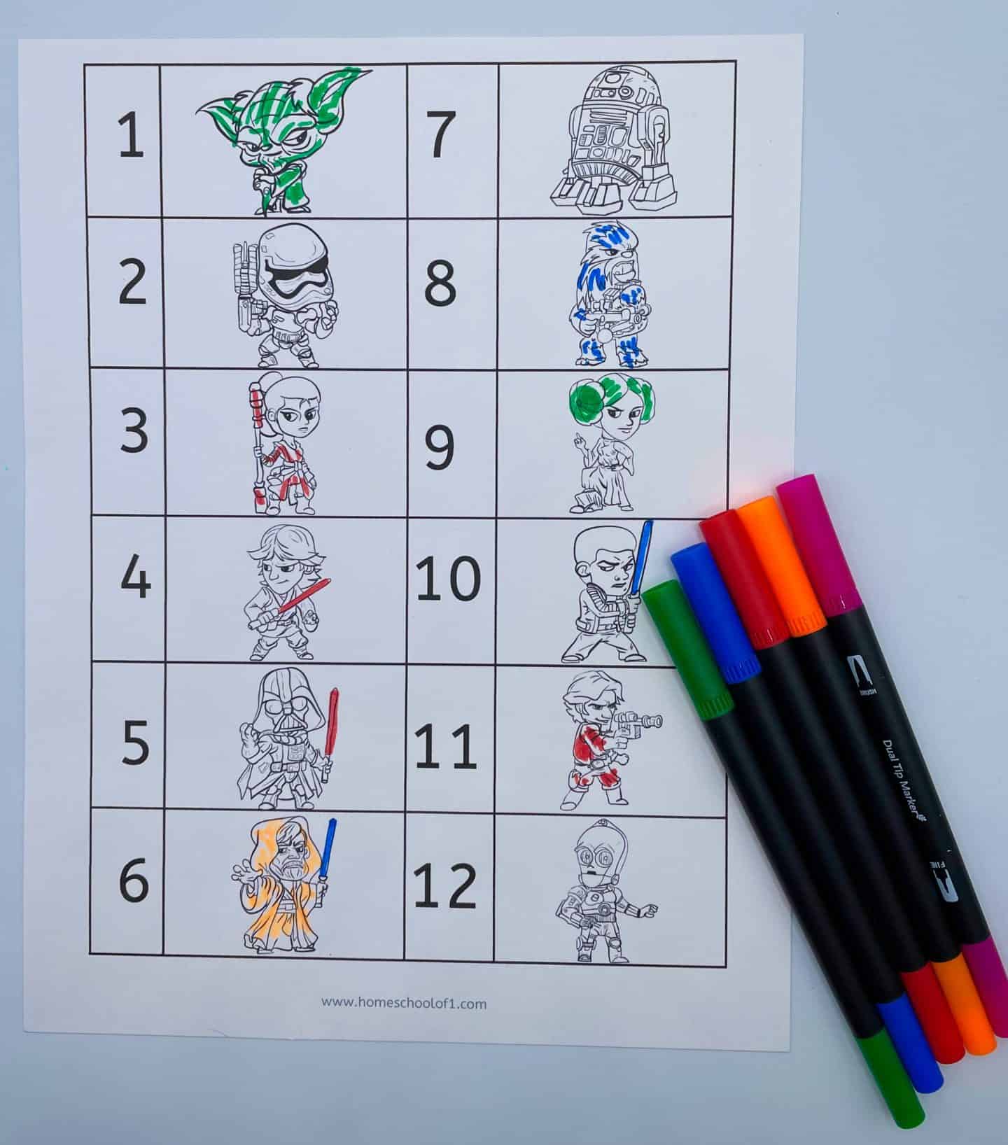 A printable Star Wars-themed coloring sheet featuring twelve numbered boxes with characters like Yoda, R2D2, Princess Leia, Luke Skywalker, and Darth Vader. Several characters are partially colored with bright markers shown on the side, perfect for engaging kids in a Star Wars scavenger hunt or learning activity.

