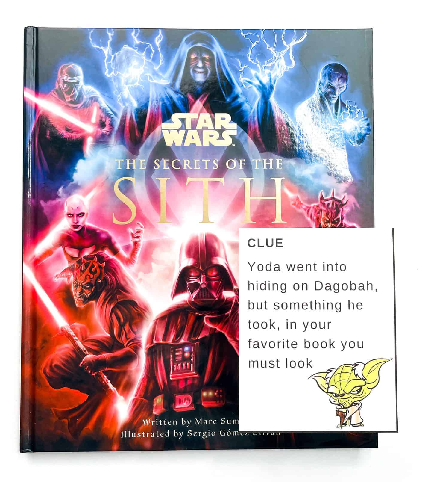 star wars treasure hunt clue featuring yoda: yoda went into hiding on Dagobah, but something he took, in your favorite book you must look. On top of the Star Wars The Secrets fo the Sith book.