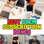 Collage of photos showing a child building KiwiCo and MEL Science projects, wearing MEL Science VR goggles, and displaying finished STEM subscription box activities. Text overlay reads “Best STEM Subscription Boxes.”