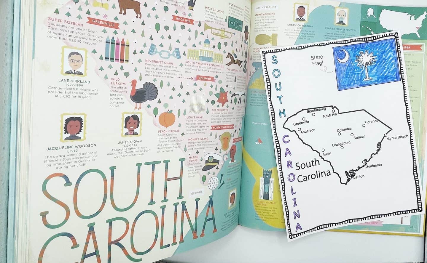 A South Carolina state coloring page for kids features a black-and-white map with major cities labeled and a colored-in state flag showing a white palmetto tree and crescent on a blue background. The word “SOUTH CAROLINA” is colored vertically down the left side in alternating blue and purple letters. The page rests on an open book filled with South Carolina facts and illustrations.