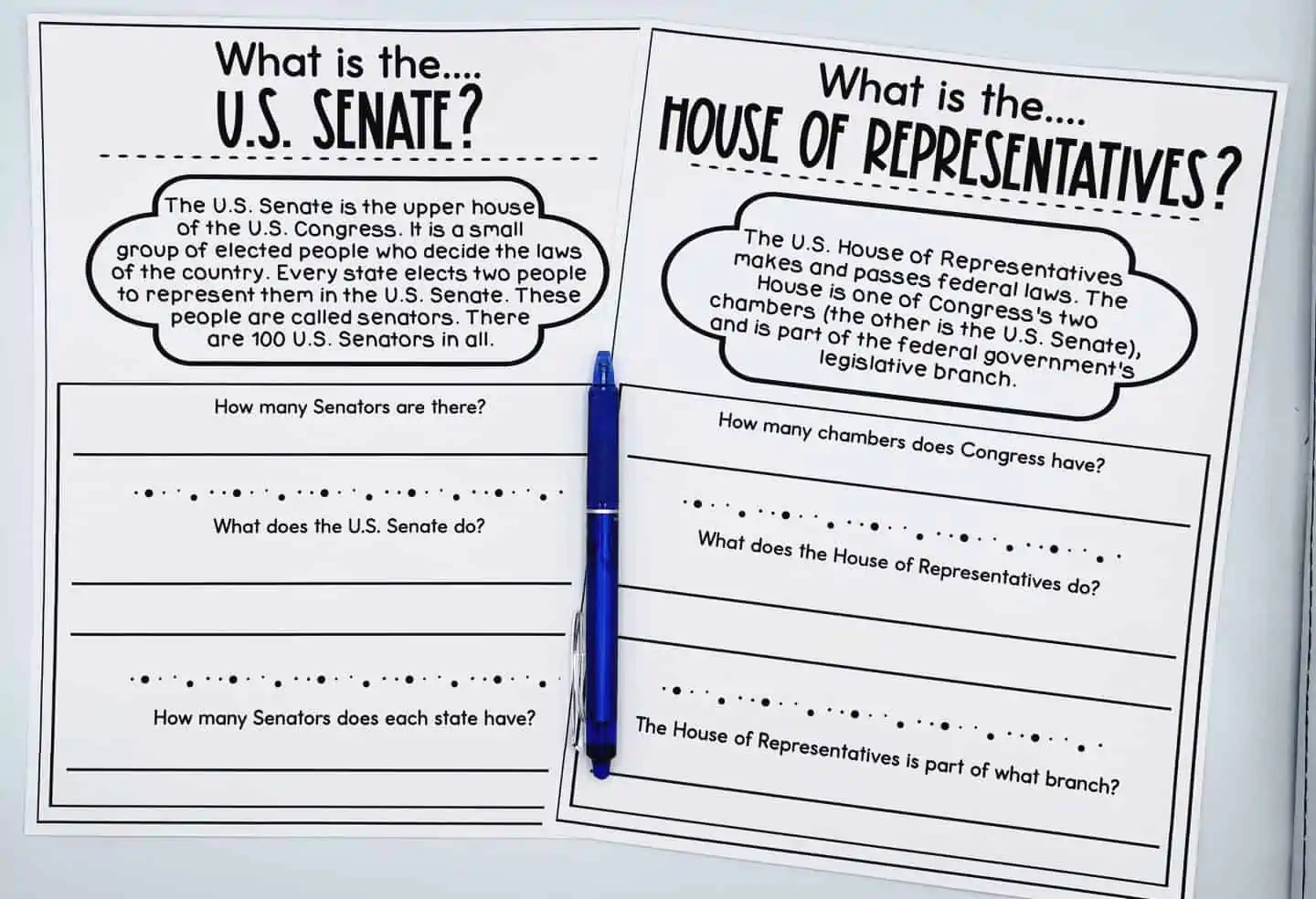 what is the us senate? What is the house of representatives? Free worksheets