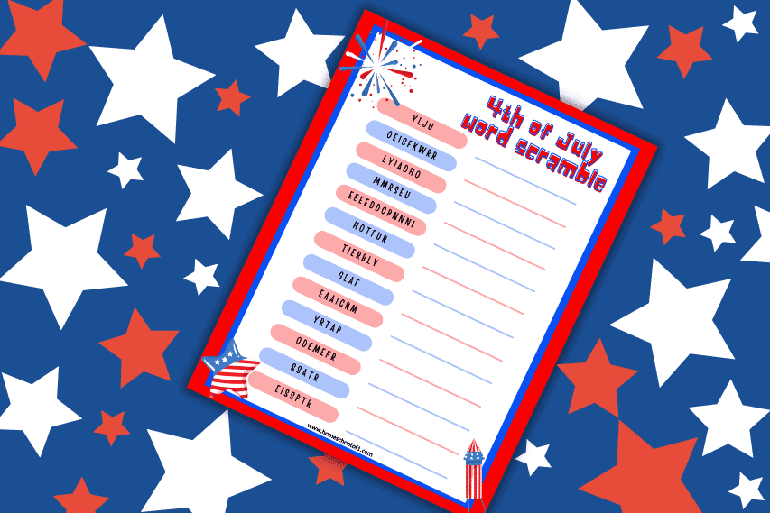 A patriotic-themed 4th of July word scramble worksheet tilted at an angle on a background of red, white, and blue stars. The page shows a list of scrambled words such as “YLJU” and “MMRSEU” with blank lines for answers, surrounded by celebratory fireworks and flag graphics in a red, white, and blue border.