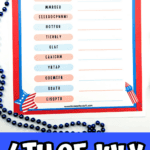 A tall vertical version of a Fourth of July word scramble sheet with red, white, and blue accents, surrounded by festive red and blue beads. The puzzle has 15 scrambled words and blank spaces for writing the answers, with colorful graphics including a firework burst and a striped star.