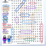 Colorful Roald Dahl-themed word search puzzle featuring characters and story elements like Charlie, Matilda, BFG, Mr. Fox, and more. Words are circled in various colors, with hand-drawn characters on the sides and a title at the top reading “Roald Dahl Word Search.” The bottom banner says "Free Roald Dahl Word Search" in bold, colorful font.