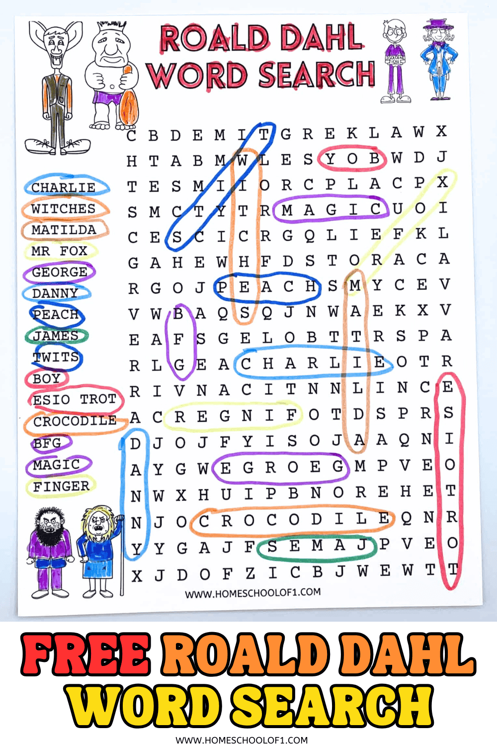 Colorful Roald Dahl-themed word search puzzle featuring characters and story elements like Charlie, Matilda, BFG, Mr. Fox, and more. Words are circled in various colors, with hand-drawn characters on the sides and a title at the top reading “Roald Dahl Word Search.” The bottom banner says "Free Roald Dahl Word Search" in bold, colorful font.