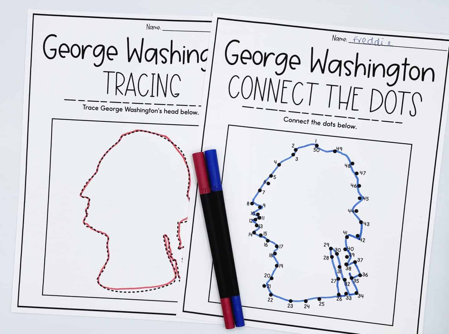 George Washington tracing worksheet and connect the dots worksheet.