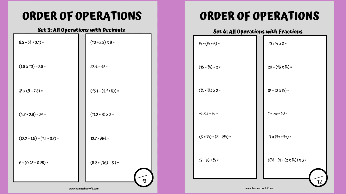 ORDER OF OPERATIONS PRINTABLES