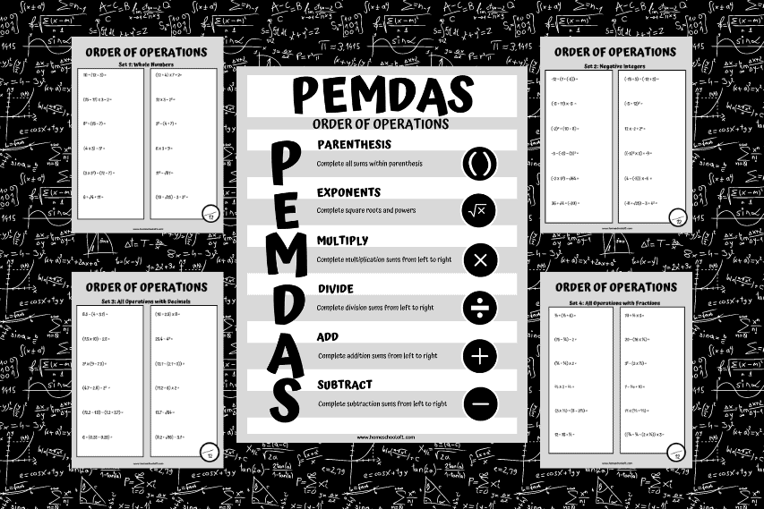 A graphic featuring a central PEMDAS order of operations reference chart surrounded by five worksheets. The PEMDAS chart explains the sequence: Parenthesis, Exponents, Multiply, Divide, Add, Subtract, each with an icon. The background is black with white math equations, and the worksheets show math problems categorized by number types and operations.