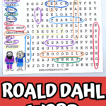 Roald Dahl word search printable with a bright red background and large bold text reading “Roald Dahl Word Search Free Printable.” The puzzle itself is shown above, with characters, words like Magic, Twits, and Crocodile circled, and fun illustrations from Roald Dahl’s stories.