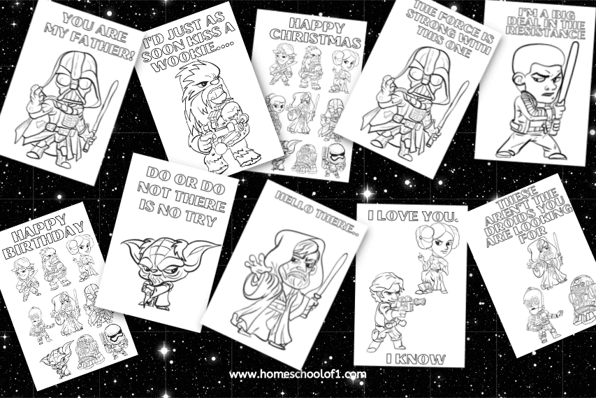 Star Wars coloring cards featuring characters and quotes like Darth Vader, Yoda, Luke Skywalker, Han Solo, and more, arranged in a galaxy-themed layout.