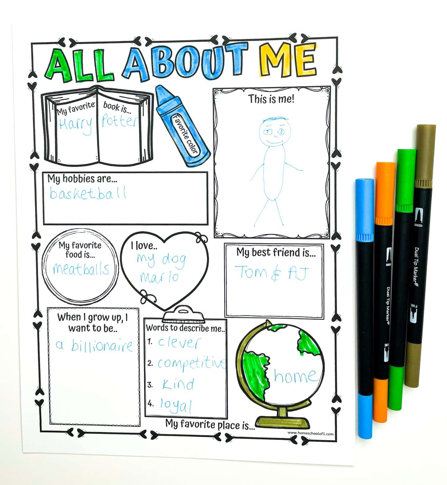 An "All About Me" worksheet filled out with details like favorite book, hobbies, and future goals. The worksheet is brightly colored with blue, green, and orange markers, featuring a stick figure drawing and answers like "Harry Potter," "basketball," and "a billionaire.
