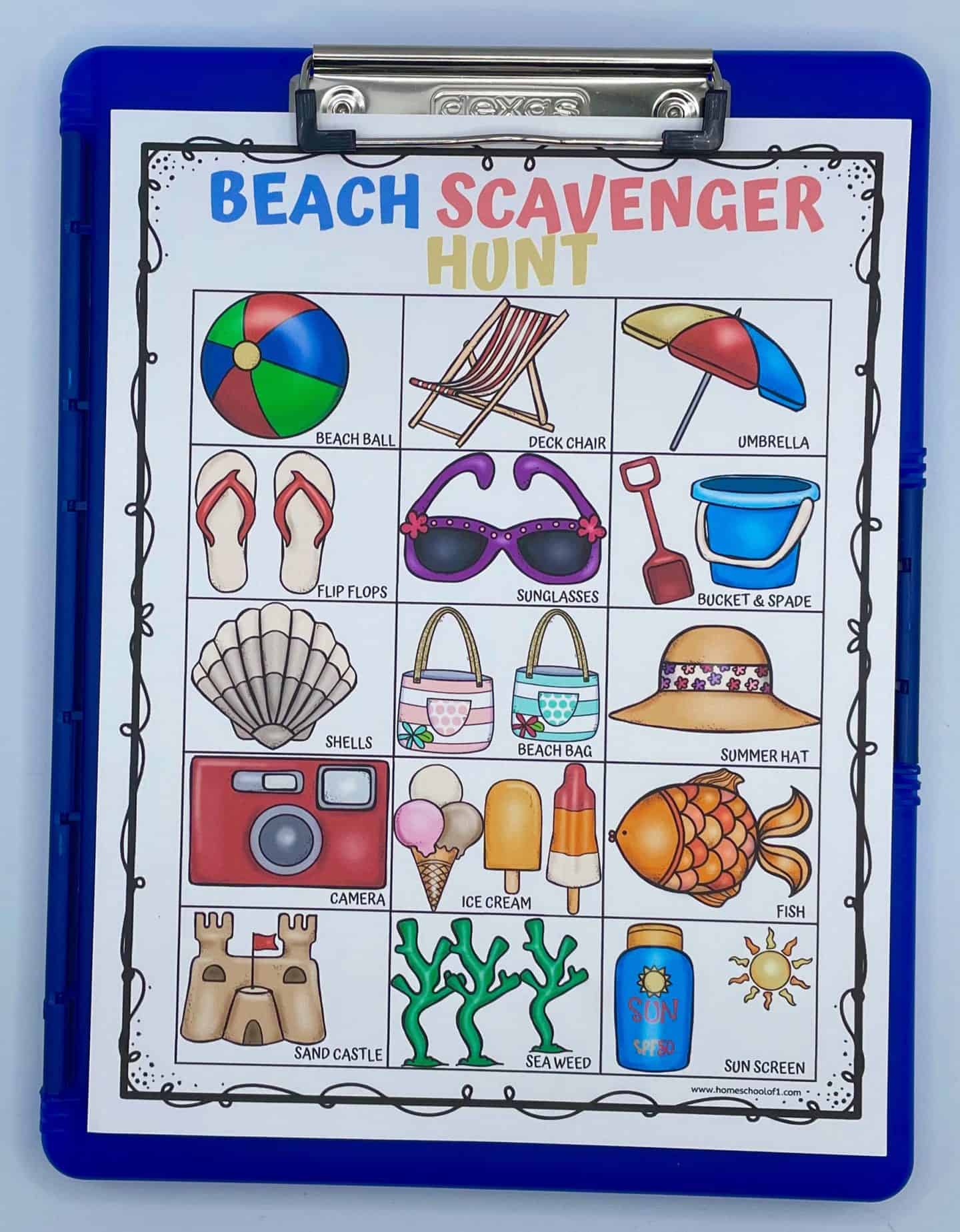 beach scavenger hunt on clipboard