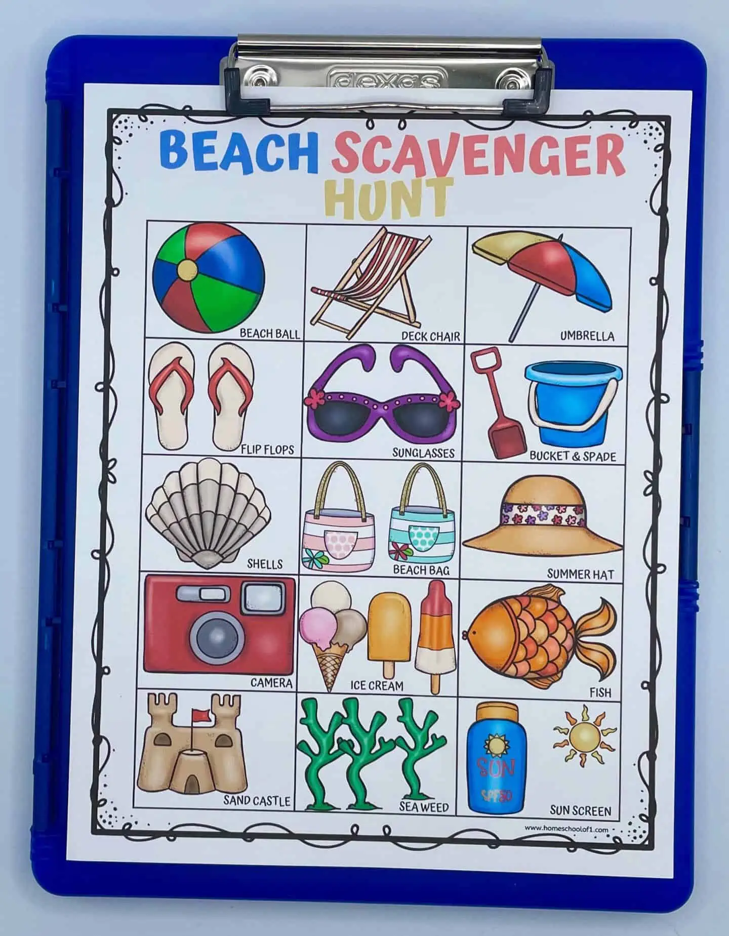 beach scavenger hunt on clipboard
