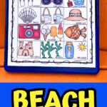 Fun summer scavenger hunt checklist for the beach featuring visual prompts like sunglasses, sandcastle, camera, and seaweed.