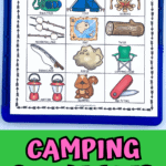 Camping scavenger hunt printable featuring fun illustrated items for kids to find outdoors.