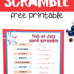 A 4th of July word scramble printable with a blue background, adorned with a bead necklace pattern, and scrambled words for festivities like 'liberty' and 'America