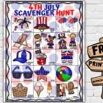 Free printable 4th of July scavenger hunt displayed on a brick wall background, featuring patriotic-themed items like flags, fireworks, Uncle Sam’s hat, cupcakes, and beach balls, with a wooden sign reading “Free Printable” and the site homeschoolof1.com.