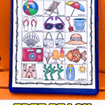 Printable beach scavenger hunt game for kids with colorful illustrations of items like a beach ball, seashells, ice cream, and sun screen.