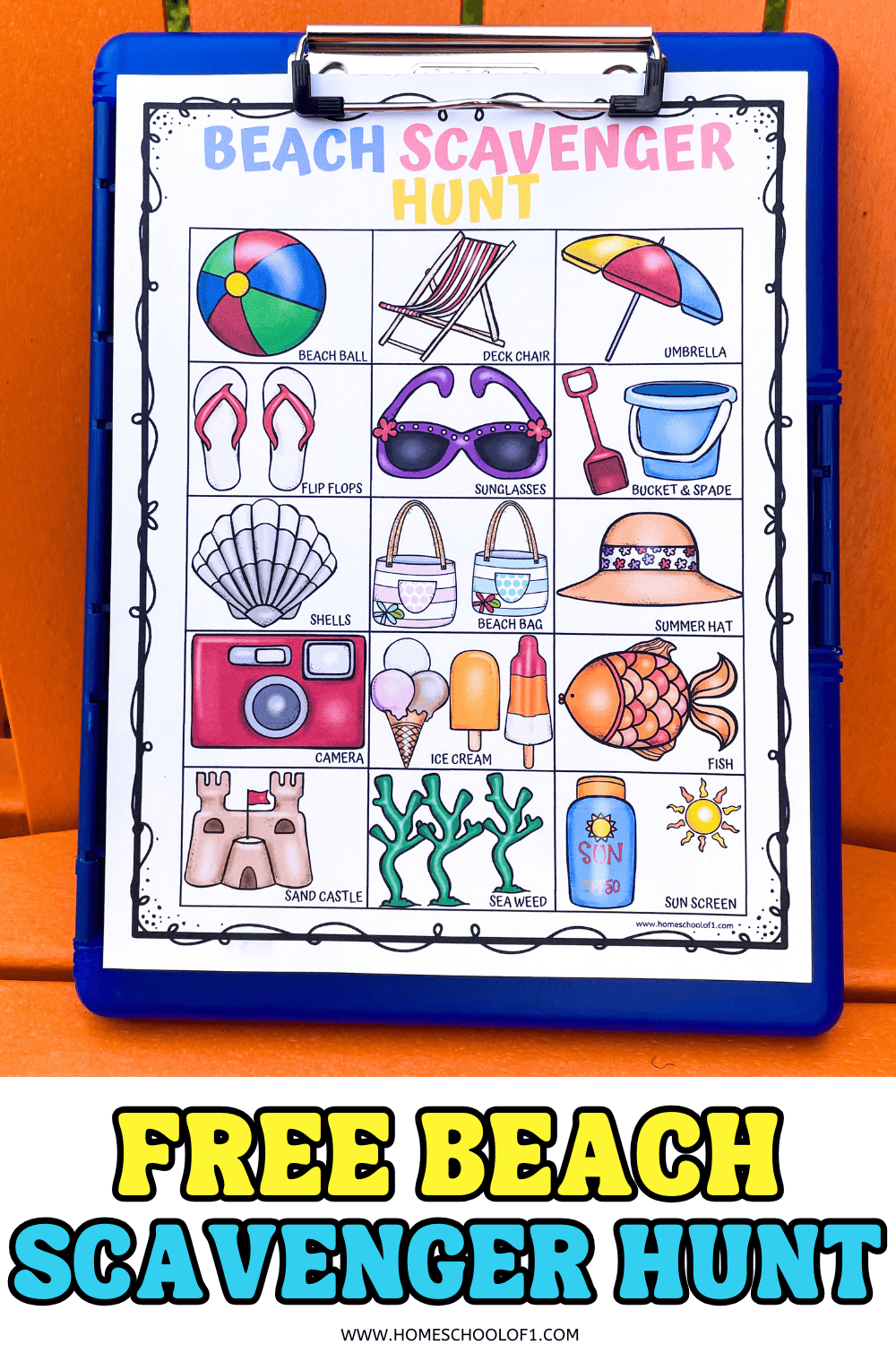 Printable beach scavenger hunt game for kids with colorful illustrations of items like a beach ball, seashells, ice cream, and sun screen.