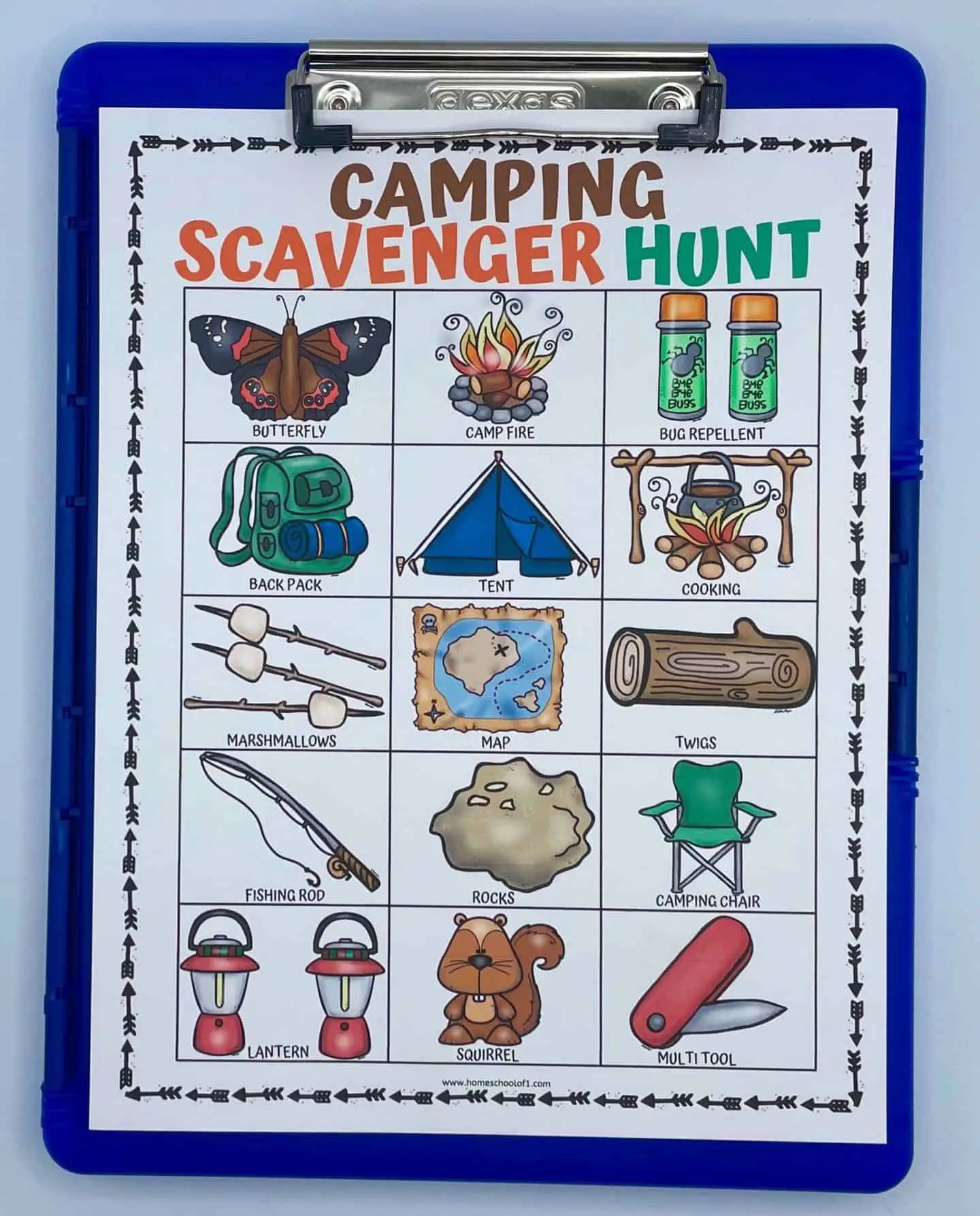 camping scavenger hunt printable on a blue clipboard