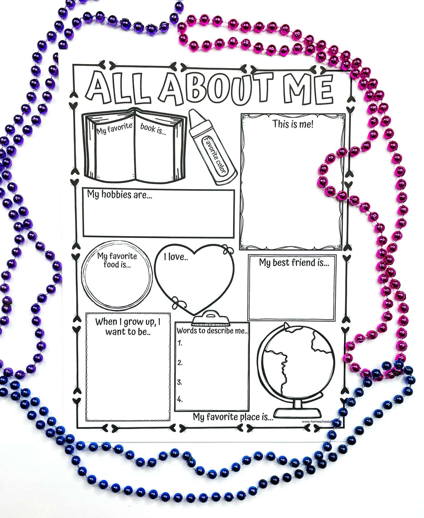 A black-and-white "All About Me" worksheet with spaces for children to fill in their favorite book, hobbies, food, friends, dreams for the future, and words to describe themselves, surrounded by colorful beads.