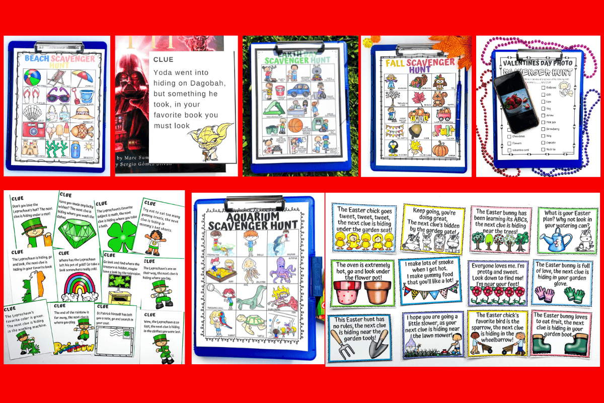 Collage of themed scavenger hunt printables including beach, sports, fall, and Valentine's Day activities with cartoon illustrations, set against a vibrant red frame.