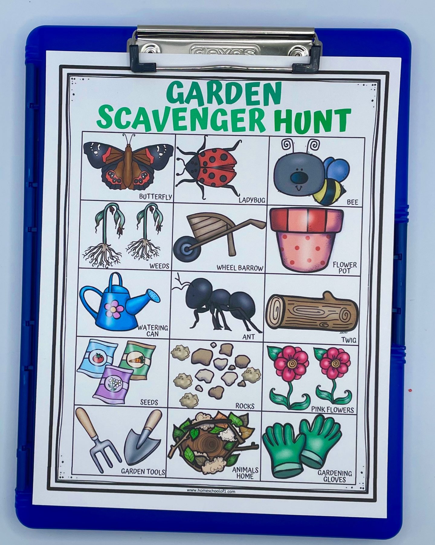 A colorful garden scavenger hunt printable on a blue clipboard, displayed against a light background. The sheet shows a 4x4 grid with illustrations of nature-themed items like a butterfly, ladybug, bee, weeds, wheelbarrow, flower pot, watering can, ant, twig, seeds, rocks, pink flowers, garden tools, an animal's home, and gardening gloves—perfect for kids’ outdoor activities.