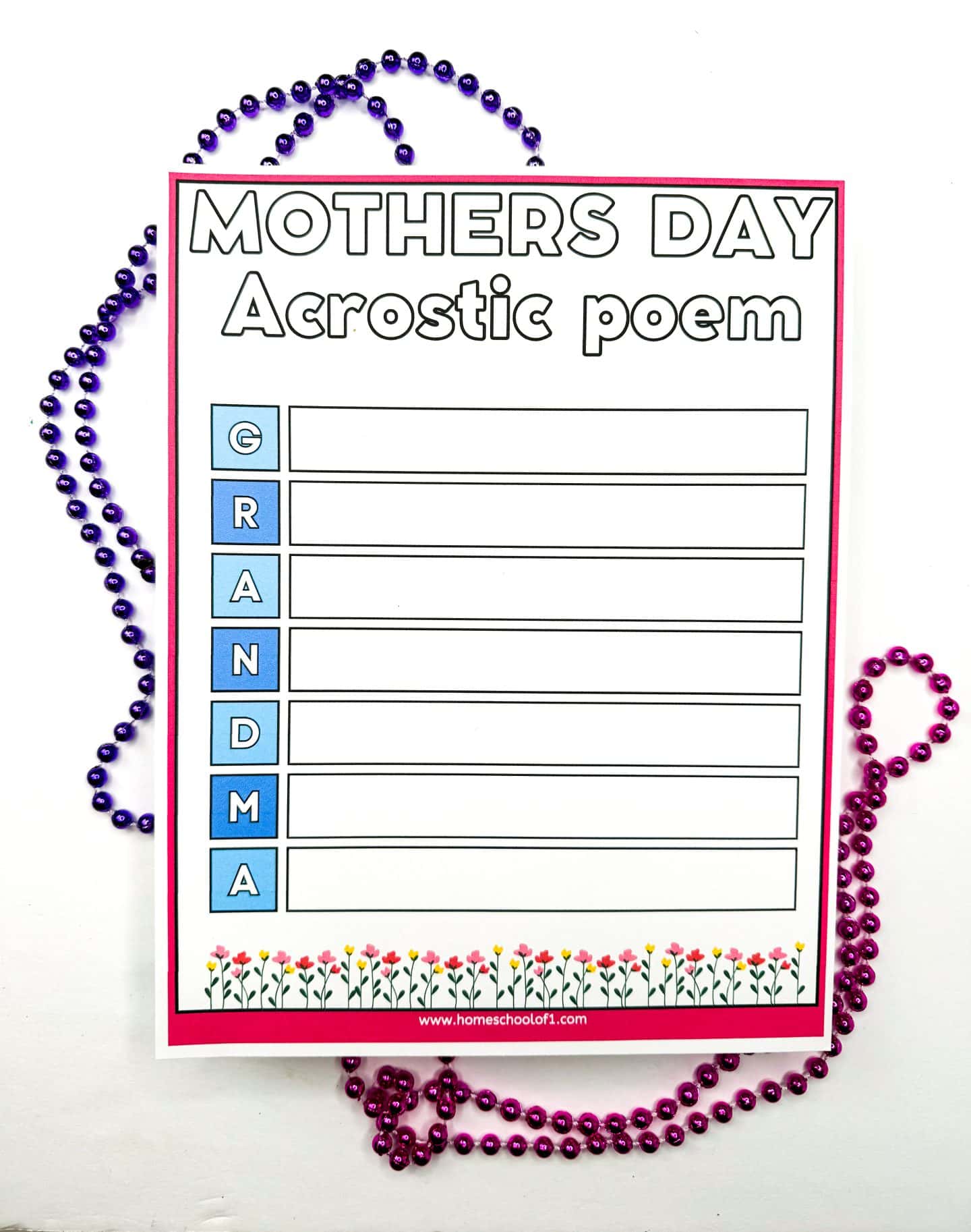 Mother’s Day acrostic poem printable worksheet featuring the word “GRANDMA” vertically in blue blocks. The page has blank lines for each letter to complete the poem, with floral decoration along the bottom and purple and pink bead necklaces surrounding it.








