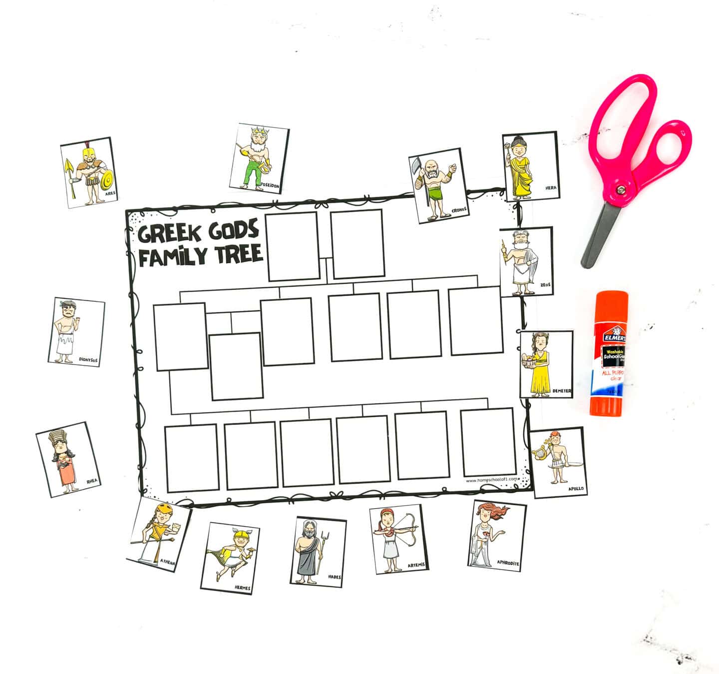 greek gods cut and paste family tree with a glue stick and scissors