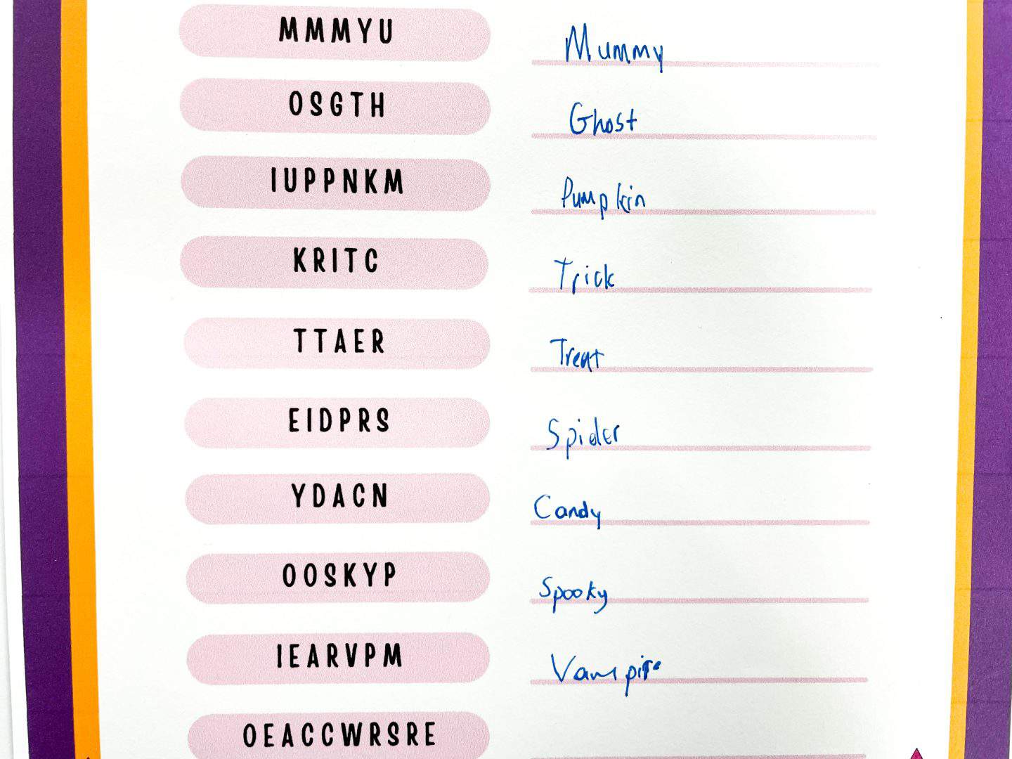 halloween word scramble answers