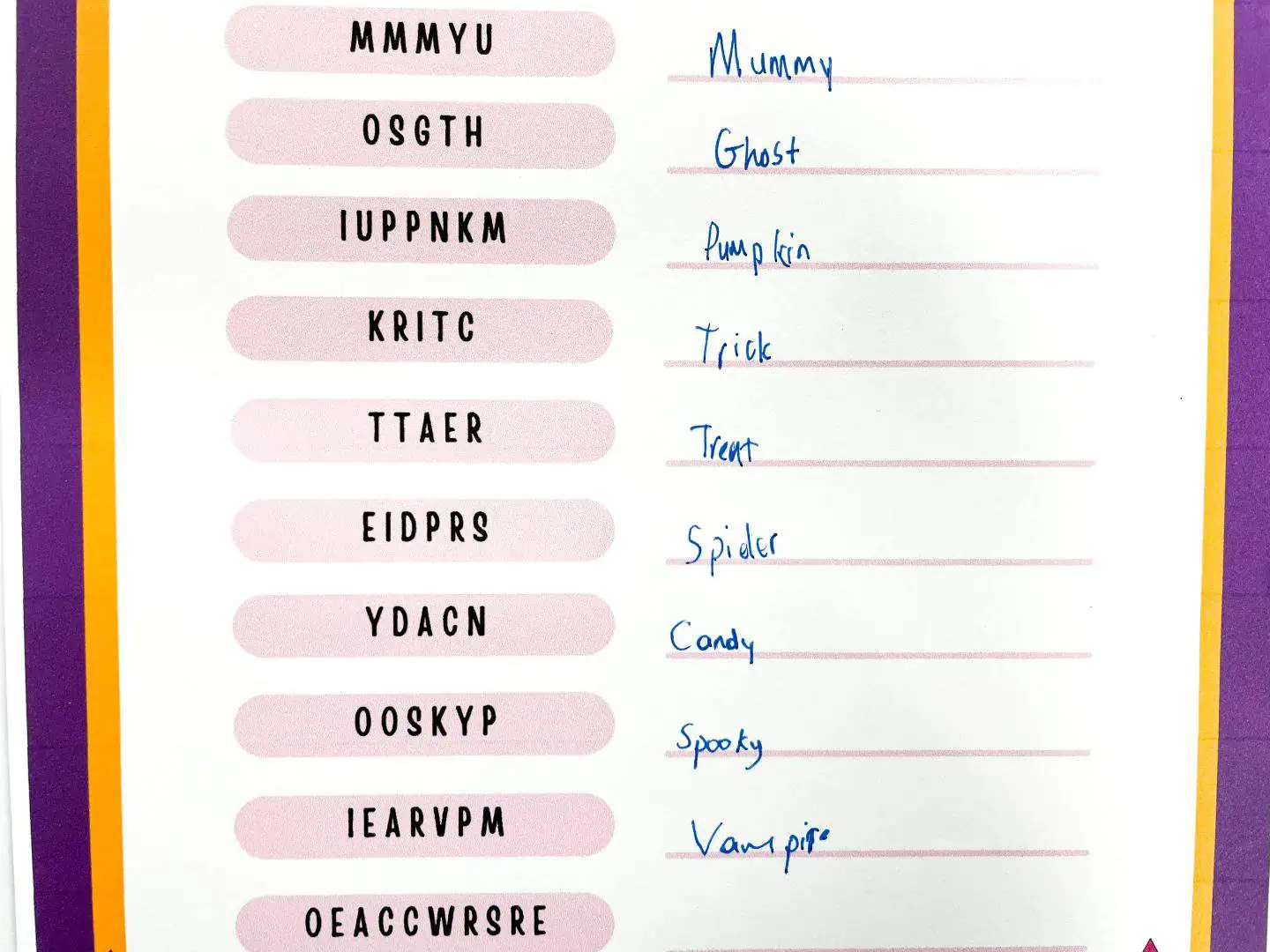halloween word scramble answers