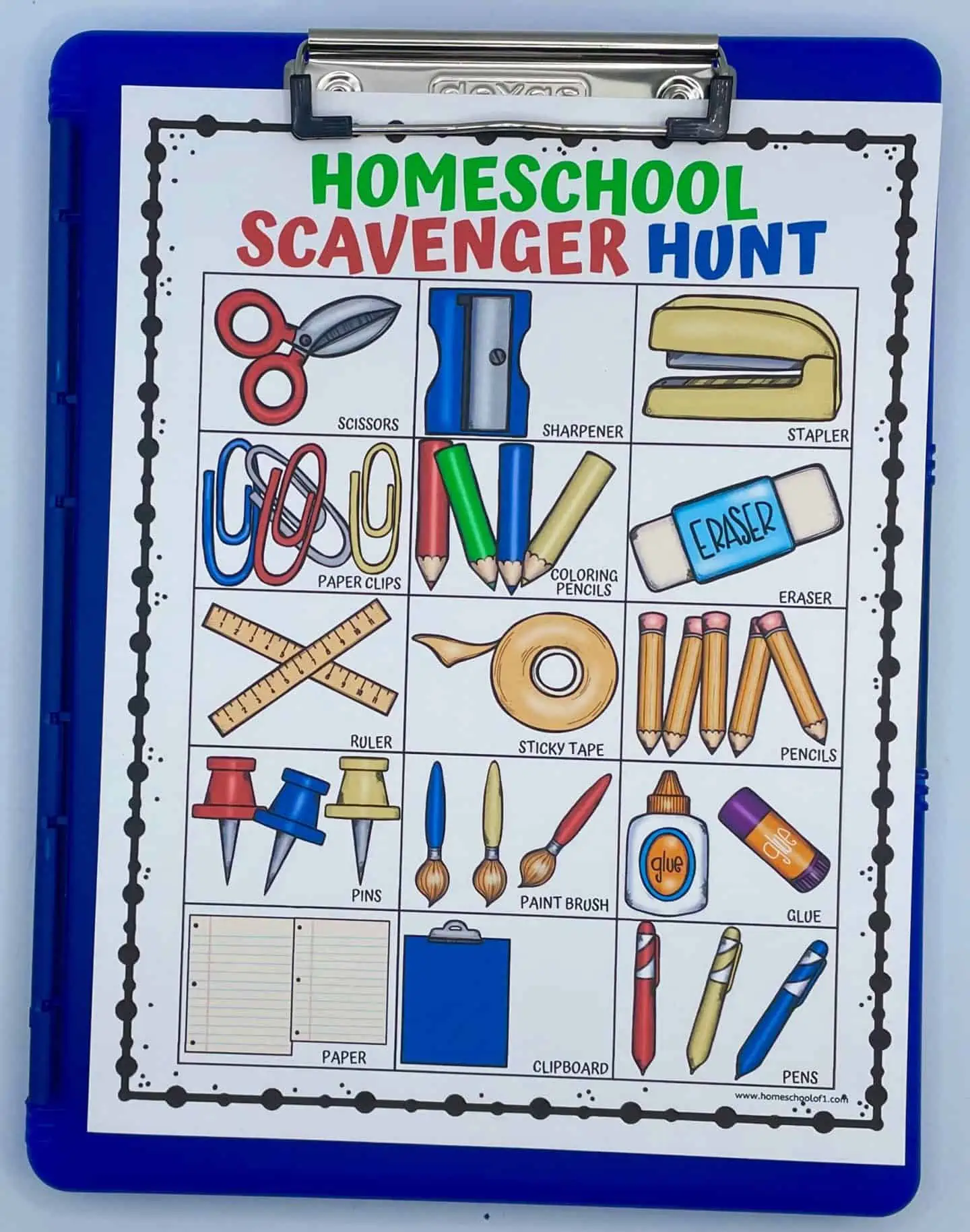 homeschool scavenger hunt on blue storage clipboard