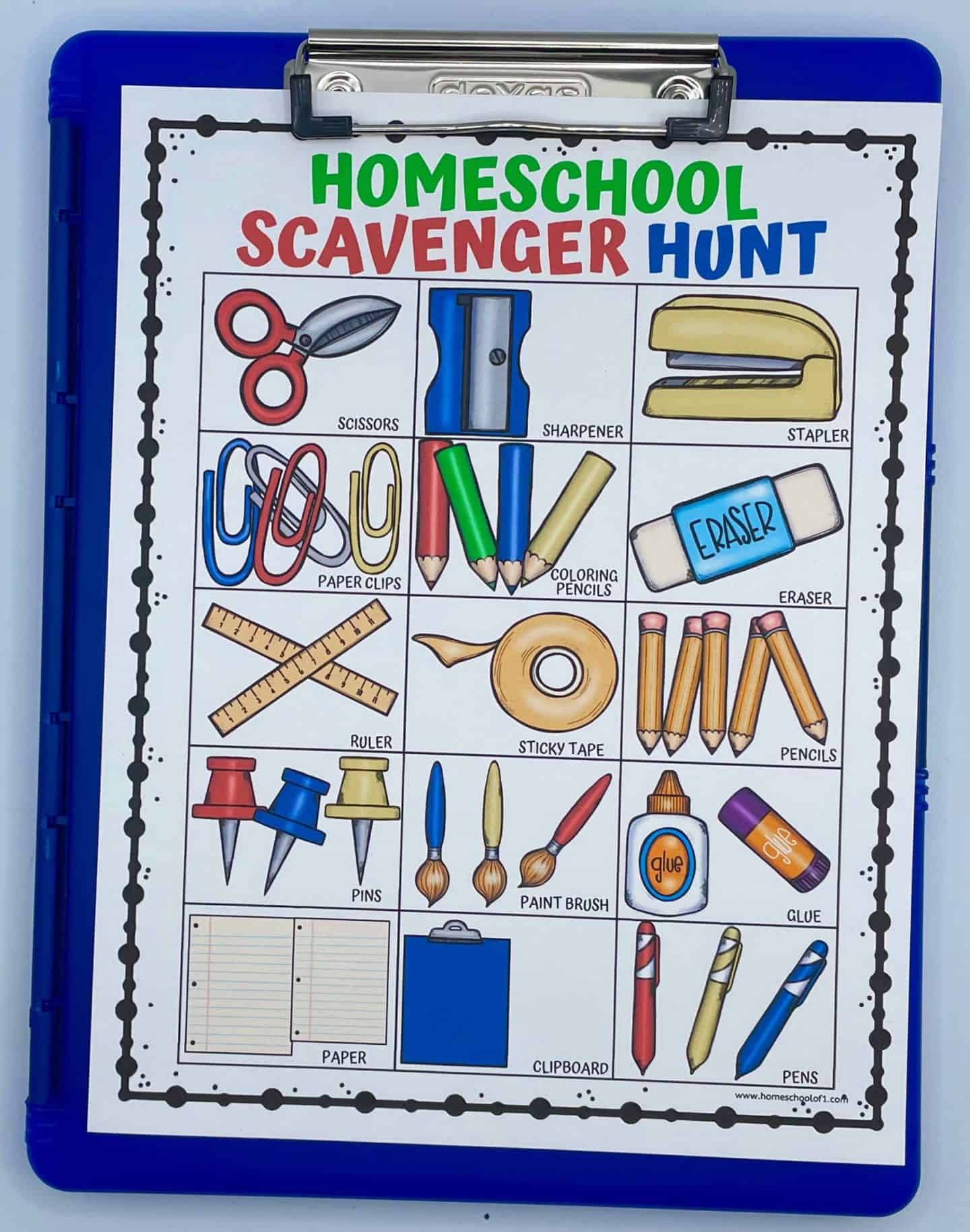 homeschool scavenger hunt on clipboard