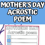 Colorful Mother's Day printable worksheet titled “MOTHERS DAY Acrostic Poem” with the vertical prompt “I LOVE MOM” in blue boxes. Each letter has a blank line beside it for writing, with a flower border at the bottom and beads placed around for decoration.