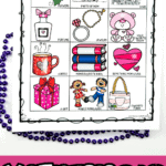 Mother's Day scavenger hunt printable shown in a vertical layout, with a zoomed-in view of the item grid including coffee, a card, jewelry, and mom's favorite book. Framed by beads and bold title text on a bright pink background—perfect for an engaging Mother's Day activity for kids.