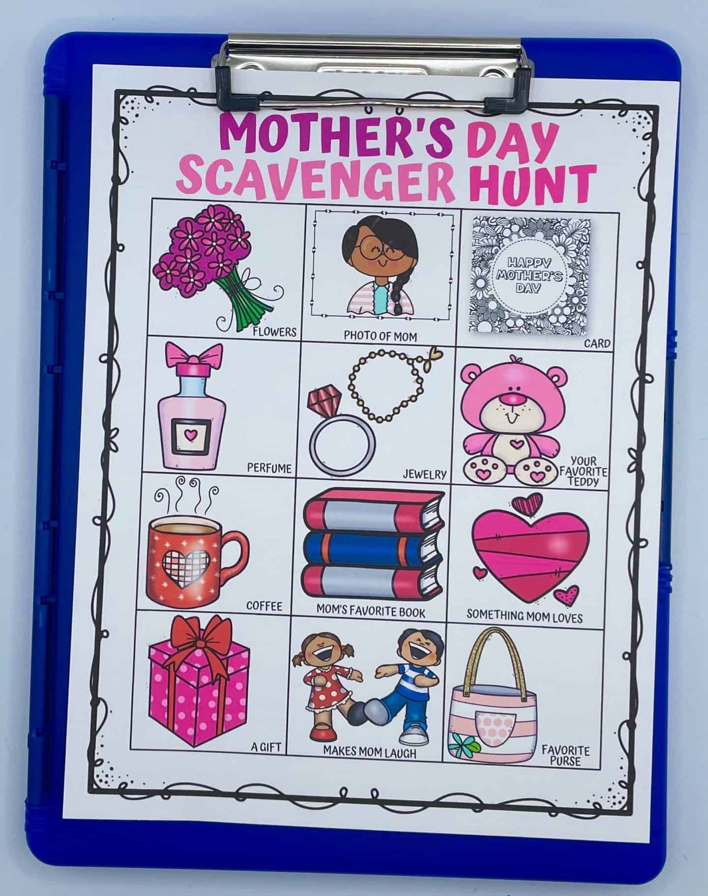 mother's day scavenger hunt on blue storage clipboard