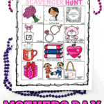 Printable Mother's Day scavenger hunt featuring a colorful 4x4 grid with items like flowers, a photo of mom, perfume, a teddy bear, and more. The sheet is surrounded by pink and purple beads on a white background, with bold text at the bottom reading "Mothers Day Scavenger Hunt"—a fun and festive activity for kids.