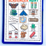 Free camping scavenger hunt printable with 15 illustrated items including butterfly, tent, campfire, map, and multi-tool.