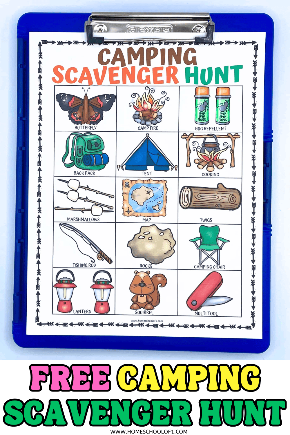 Free camping scavenger hunt printable with 15 illustrated items including butterfly, tent, campfire, map, and multi-tool.