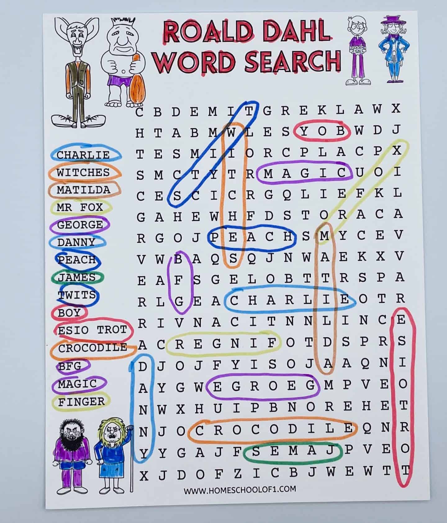 roald dahl word search completed